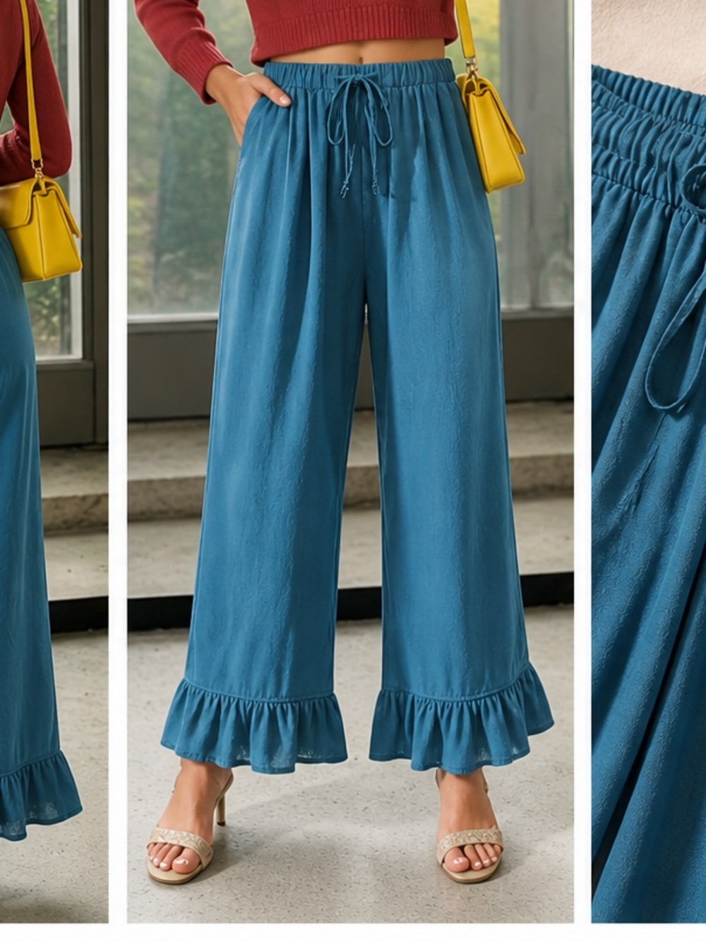 Wide-Leg Ruffle Hem Pants in Teal Blue